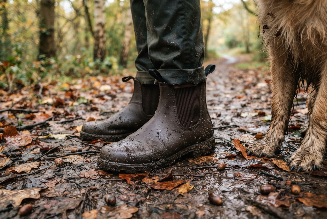 Bruine rubberen chelsea boots op een modderig bospad met eikels