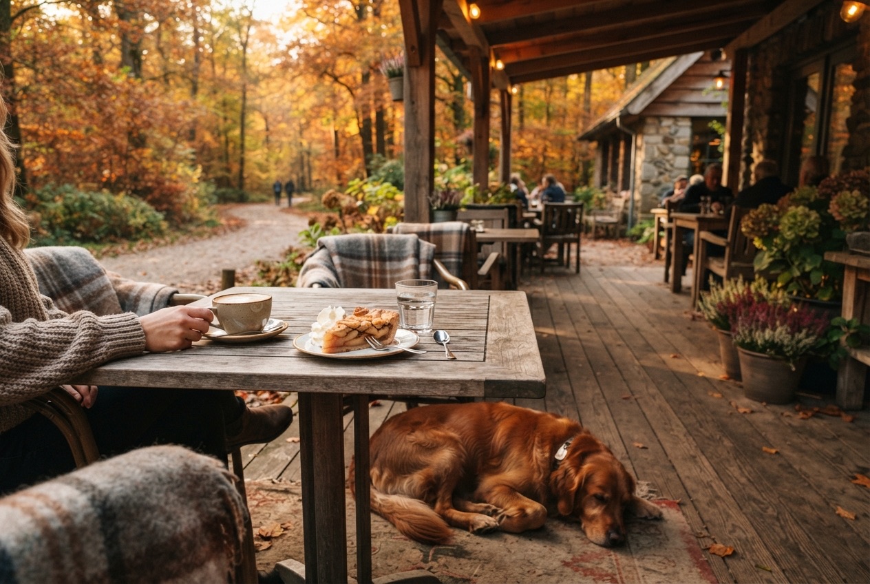 Koffie en appeltaart op een terras aan de rand van het bos met een hond onder tafel